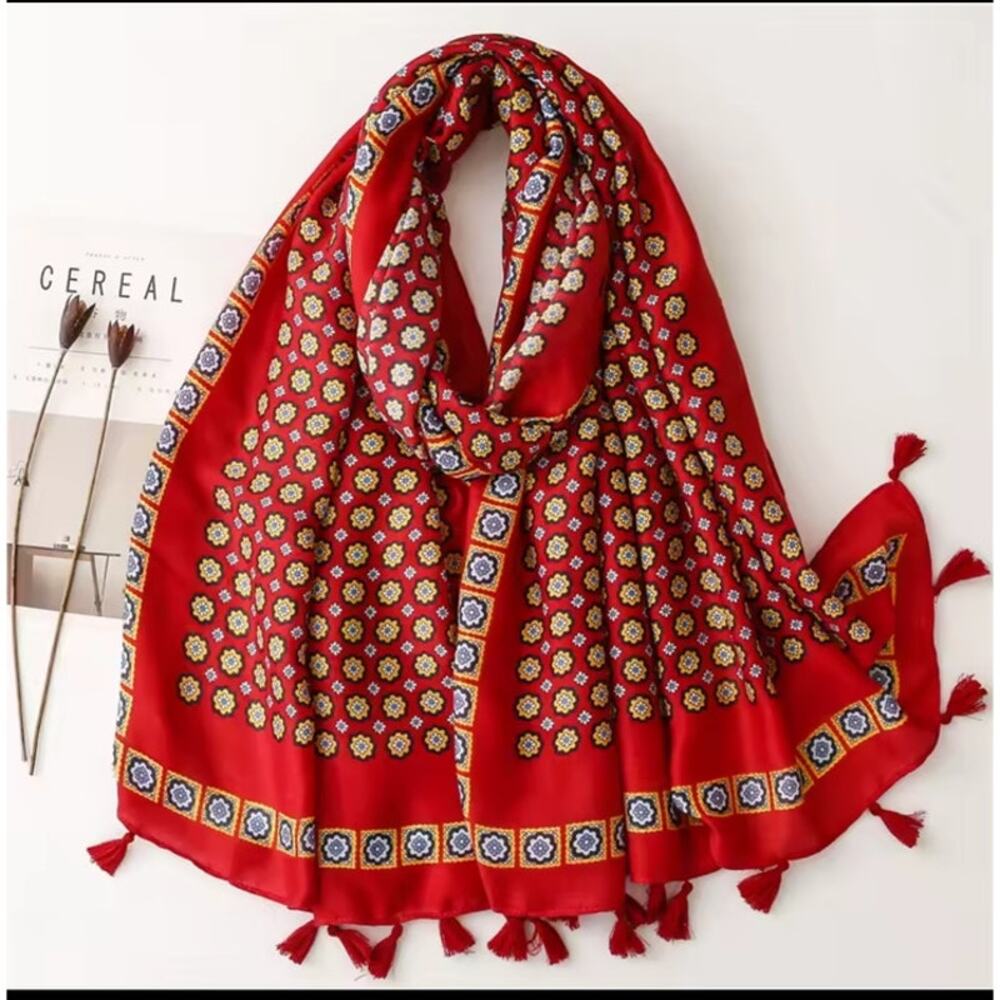 NEW Boho Floral Design Tasseled Rectangle Soft Chic Scarf Large Red Yellow Blue - Picture 7 of 15